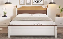 Lit 140x200 cm avec tête de lit colorée blanc/naturel/marron, cadre en pin massif et pieds boules