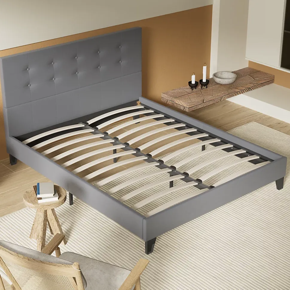 Lit 120x190 Cm Avec Tête De Lit Boutonnée Simili Gris