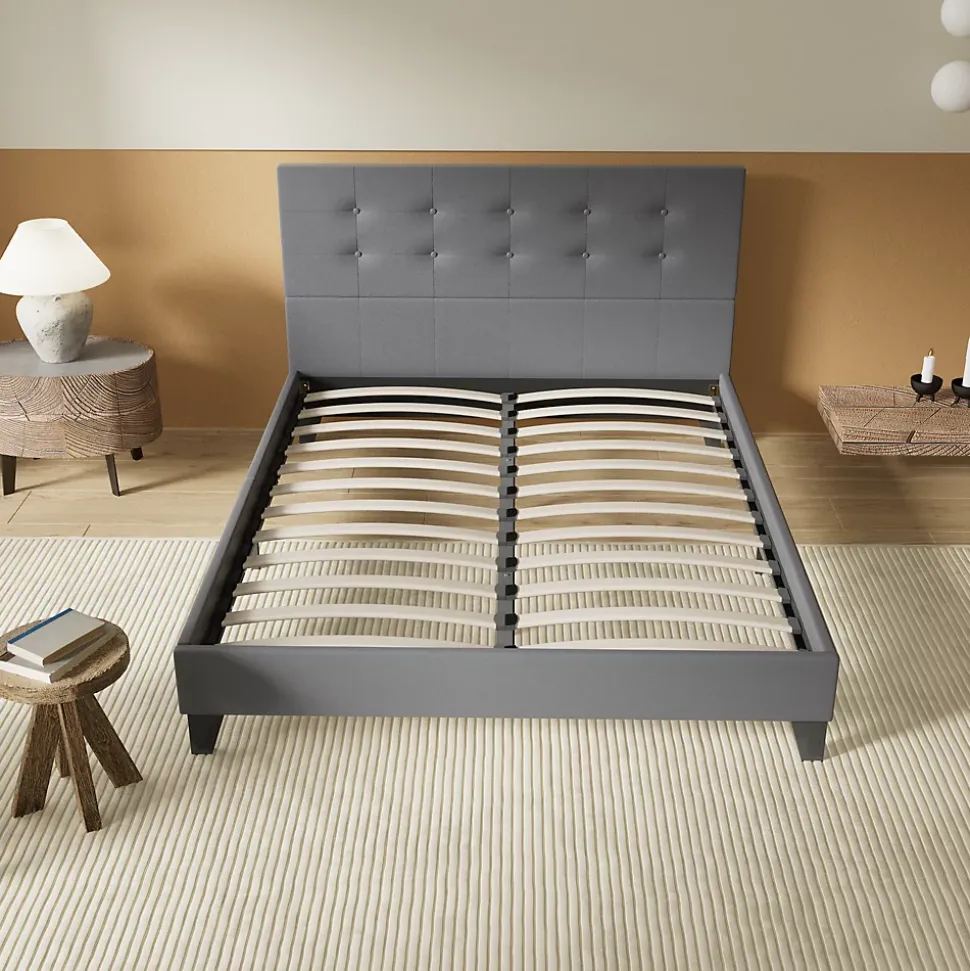 Lit 120x190 Cm Avec Tête De Lit Boutonnée Simili Gris