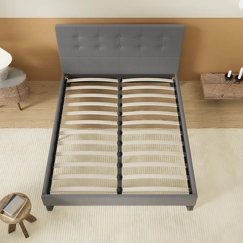 Lit 120x190 Cm Avec Tête De Lit Boutonnée Simili Gris