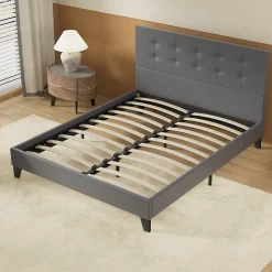 Lit 160x200 Cm Avec Tête De Lit Boutonnée Simili Gris