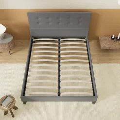 Lit 160x200 Cm Avec Tête De Lit Boutonnée Simili Gris