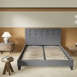 Lit 160x200 Cm Avec Tête De Lit Boutonnée Simili Gris