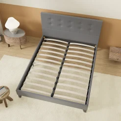 Lit 160x200 Cm Avec Tête De Lit Boutonnée Simili Gris