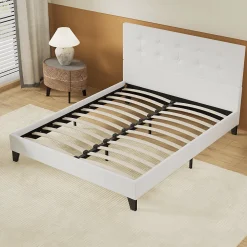 Lit 140x190 Cm Avec Tête De Lit Boutonnée Simili Blanc