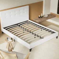 Lit 140x190 Cm Avec Tête De Lit Boutonnée Simili Blanc