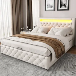 Lit 160x200 cm avec tête de lit rembourrée, coffre de rangement intégré et éclairage LED, revêtement PU blanc