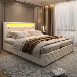 Lit 160x200 cm avec tête de lit rembourrée, coffre de rangement intégré et éclairage LED, revêtement PU blanc