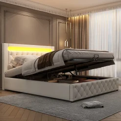 Lit 160x200 cm avec tête de lit rembourrée, coffre de rangement intégré et éclairage LED, revêtement PU blanc