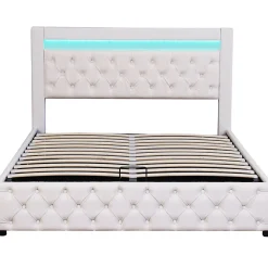 Lit 160x200 cm avec tête de lit rembourrée, coffre de rangement intégré et éclairage LED, revêtement PU blanc