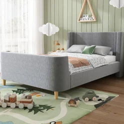 Lit 90x200 cm avec tête de lit rembourrée, design luge en velours gris et structure bois-métal