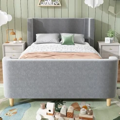 Lit 90x200 cm avec tête de lit rembourrée, design luge en velours gris et structure bois-métal