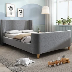 Lit 90x200 cm avec tête de lit rembourrée, design luge en velours gris et structure bois-métal