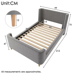 Lit 90x200 cm avec tête de lit rembourrée, design luge en velours gris et structure bois-métal