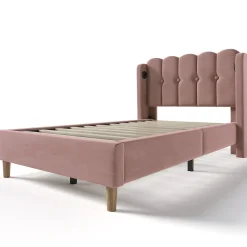 Lit 90x200 cm avec tête de lit à panneaux, tapissé velours rose et station de charge USB-C intégrée