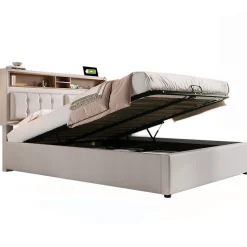 Lit 140x200 cm avec tête de lit réglable et station de charge intégrée, tapissé lin beige, grand rangement