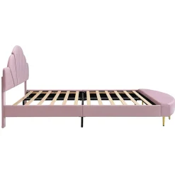 Lit 140x200 cm avec tête de lit en velours rose et banc coordonné, bords anti-collision en mousse, cadre solide