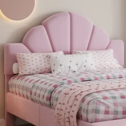 Lit 140x200 cm avec tête de lit en velours rose et banc coordonné, bords anti-collision en mousse, cadre solide