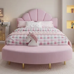 Lit 140x200 cm avec tête de lit en velours rose et banc coordonné, bords anti-collision en mousse, cadre solide