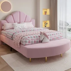 Lit 140x200 cm avec tête de lit en velours rose et banc coordonné, bords anti-collision en mousse, cadre solide
