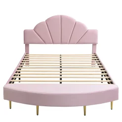 Lit 140x200 cm avec tête de lit en velours rose et banc coordonné, bords anti-collision en mousse, cadre solide