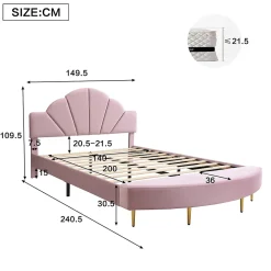 Lit 140x200 cm avec tête de lit en velours rose et banc coordonné, bords anti-collision en mousse, cadre solide