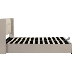 Lit 140x200 cm avec tête de lit capitonnée en velours, coffre de rangement hydraulique et détails cloutés, beige