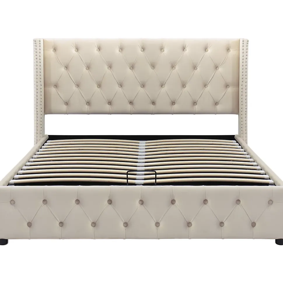 Lit 140x200 cm avec tête de lit capitonnée en velours, coffre de rangement hydraulique et détails cloutés, beige