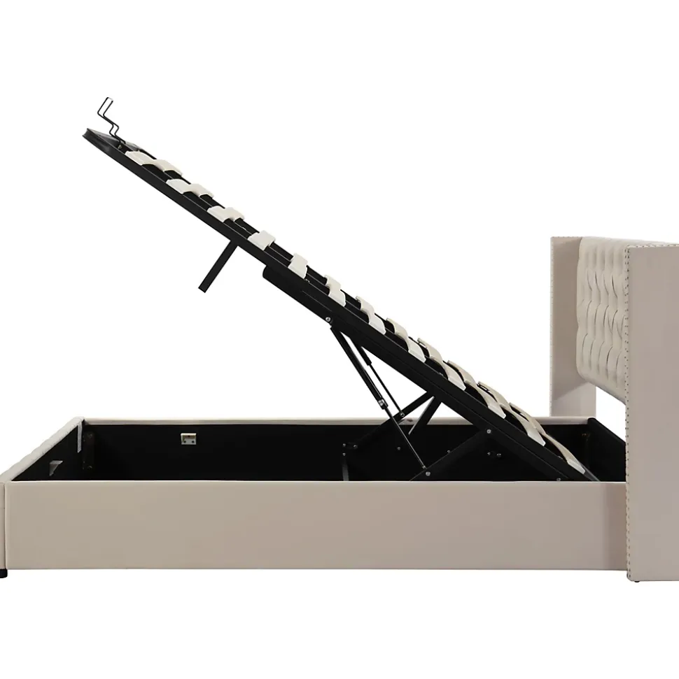 Lit 140x200 cm avec tête de lit capitonnée en velours, coffre de rangement hydraulique et détails cloutés, beige