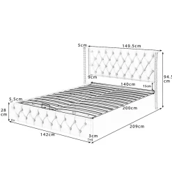 Lit 140x200 cm avec tête de lit capitonnée en velours, coffre de rangement hydraulique et détails cloutés, beige