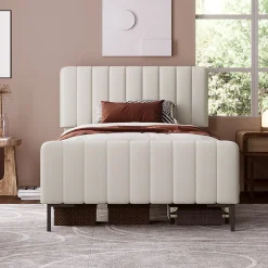 Lit 90x200 cm avec tête de lit réglable, cadre rembourré en lin gris-beige, lattes en pin et pieds métal