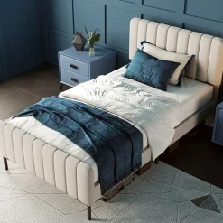 Lit 90x200 cm avec tête de lit réglable, cadre rembourré en lin gris-beige, lattes en pin et pieds métal