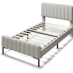 Lit 90x200 cm avec tête de lit réglable, cadre rembourré en lin gris-beige, lattes en pin et pieds métal