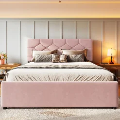 Lit 140x200 cm avec tête de lit capitonnée et sommier gigogne, tapissé velours rose et MDF design