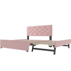 Lit 140x200 cm avec tête de lit capitonnée et sommier gigogne, tapissé velours rose et MDF design