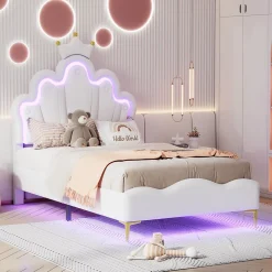 Lit 90x200 cm avec tête de lit couronnée et éclairage LED RVB, tapissé PU blanc, cadre MDF solide et hauteur réglable