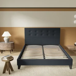 Lit 160x200 Cm Avec Tête De Lit Boutonnée Simili Noir