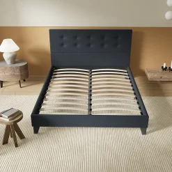 Lit 160x200 Cm Avec Tête De Lit Boutonnée Simili Noir