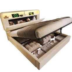 Lit 140x200 cm avec tête de lit réglable et rangement hydraulique, velours beige, LED et station de charge