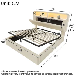 Lit 140x200 cm avec tête de lit réglable et rangement hydraulique, velours beige, LED et station de charge