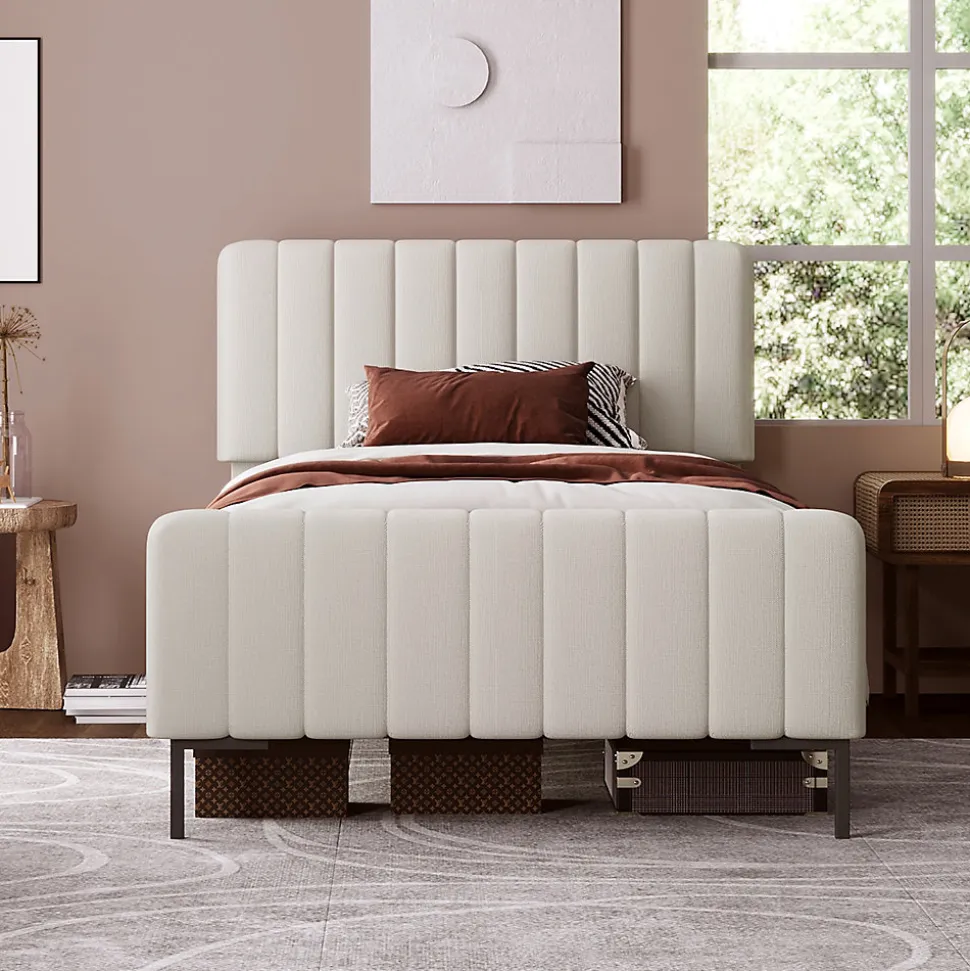 Lit 90x200 cm avec tête de lit réglable, revêtement lin gris-beige et sommier à lattes, cadre métal/bois