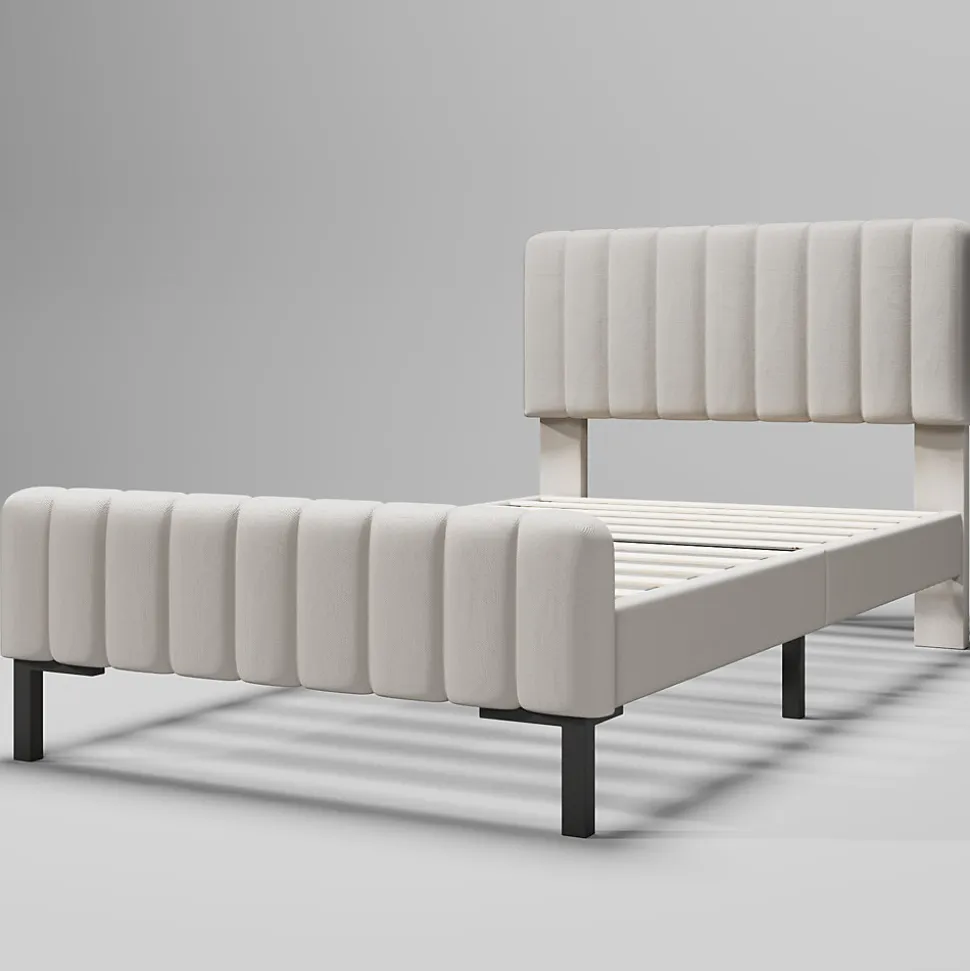 Lit 90x200 cm avec tête de lit réglable, revêtement lin gris-beige et sommier à lattes, cadre métal/bois