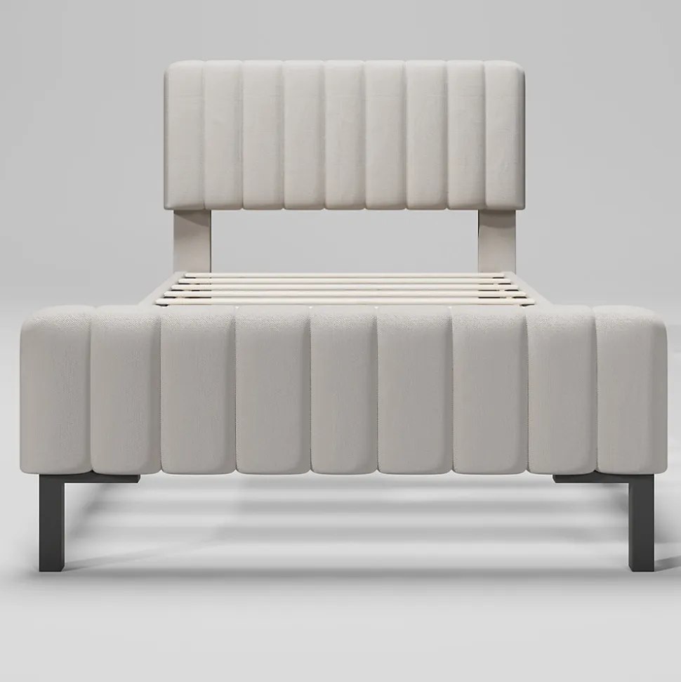 Lit 90x200 cm avec tête de lit réglable, revêtement lin gris-beige et sommier à lattes, cadre métal/bois