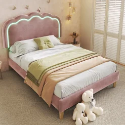 Lit 90x190 cm avec tête de lit LED réglable, tapissé velours rose, cadre rembourré au design moderne