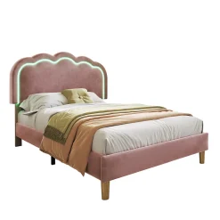 Lit 90x190 cm avec tête de lit LED réglable, tapissé velours rose, cadre rembourré au design moderne