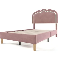 Lit 90x190 cm avec tête de lit LED réglable, tapissé velours rose, cadre rembourré au design moderne