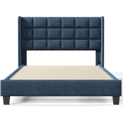 Lit 140x200 cm avec tête de lit tapissée en lin bleu, pieds noirs et sommier à lattes intégré, design élégant