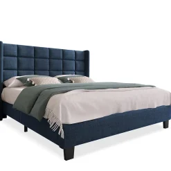 Lit 140x200 cm avec tête de lit tapissée en lin bleu, pieds noirs et sommier à lattes intégré, design élégant