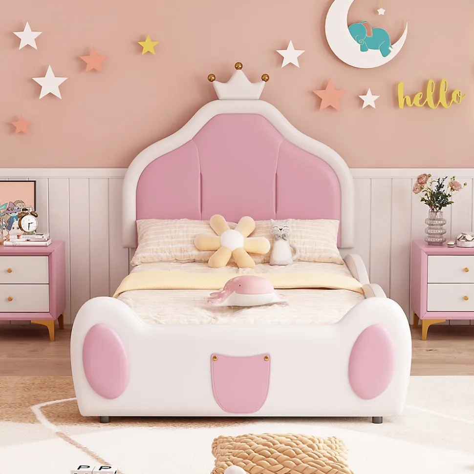 Lit 90x200 cm avec tête de lit en forme de couronne, revêtement simili cuir blanc et rose, cadre métal et panneaux bois