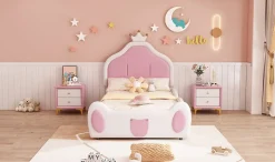 Lit 90x200 cm avec tête de lit en forme de couronne, revêtement simili cuir blanc et rose, cadre métal et panneaux bois